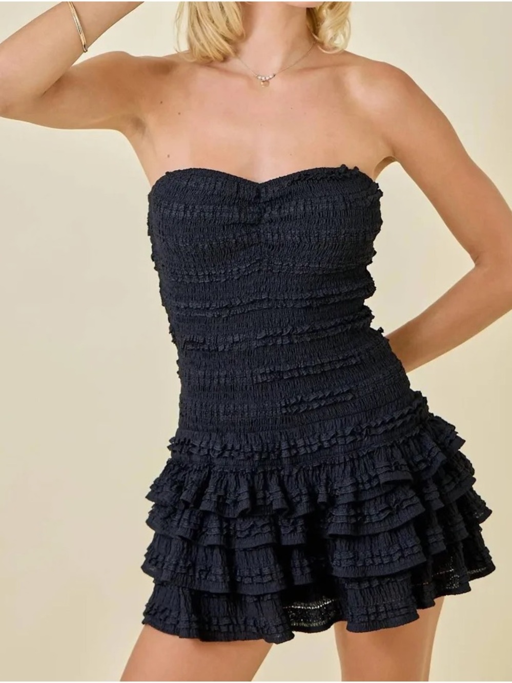 Strapless Ruffle Romper Dress - Black small Day + Moon